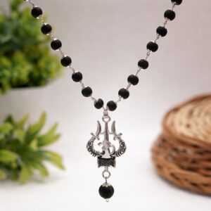 6mm Silver Plated Karungali Necklace with Sacred Trishool Pendant
